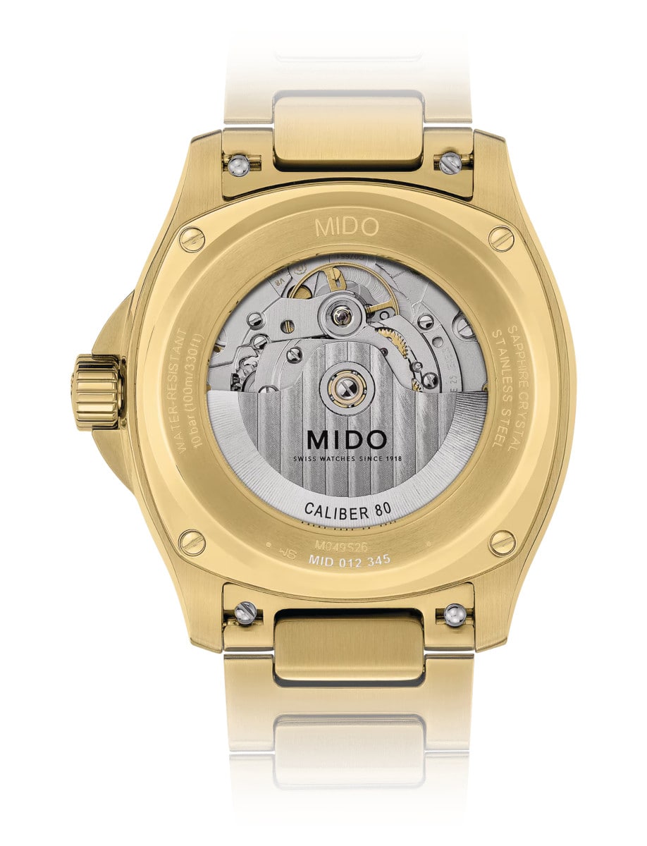 Back view of Mido wristwatch with stainless steel with yellow gold pvd case and bracelet