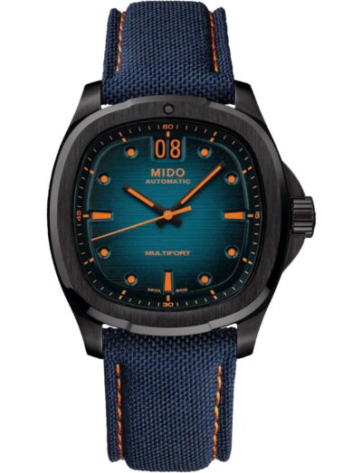 Mido wristwatch with stainless steel black pvd case, blue dial and blue fabric strap | Feldmar Watch Co. Mido wristwatch with stainless steel black pvd case, blue dial and blue fabric strap