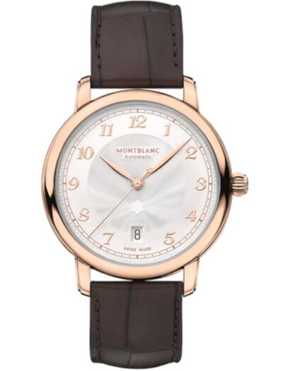 Montblanc wristwatch with 18k rose gold case, ivory dial, and brown alligator leather strap.