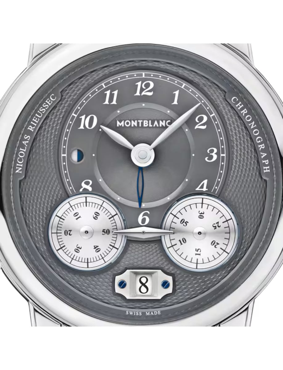 Close view of Montblanc wristwatch with stainless steel case with an anthracite dial.