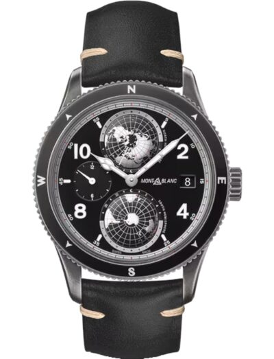 Montblanc wristwatch with stainless steel case, black dial, and black calf leather strap with beige stitching.