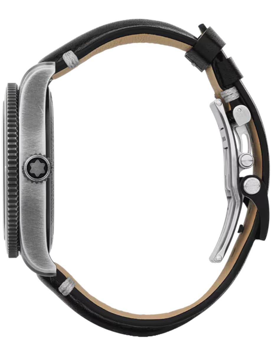 Side view of Montblanc wristwatch with stainless steel case, and black calf leather strap with beige stitching.