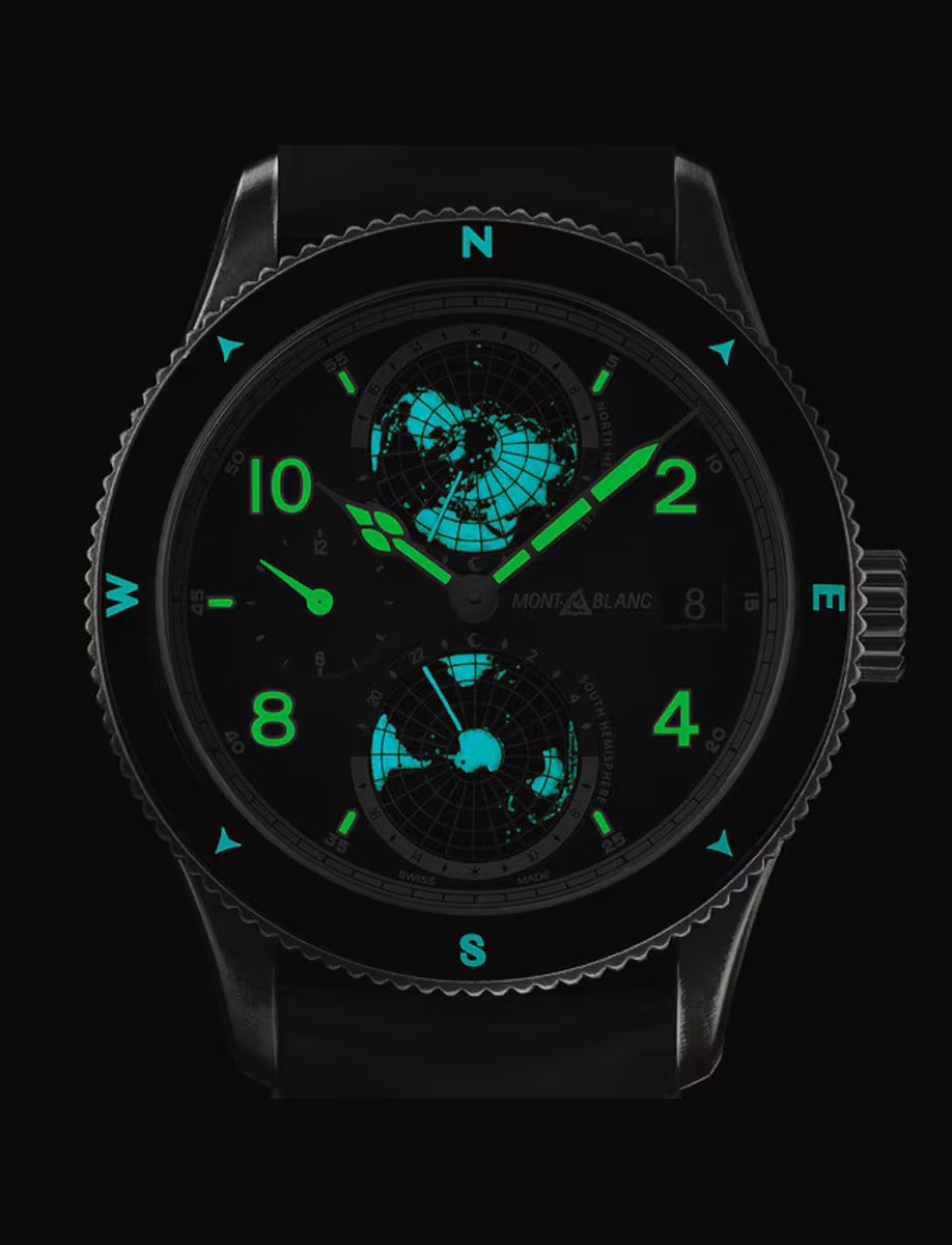 Montblanc wristwatch with stainless steel case, black dial with luminousness, and black calf leather strap with beige stitching.