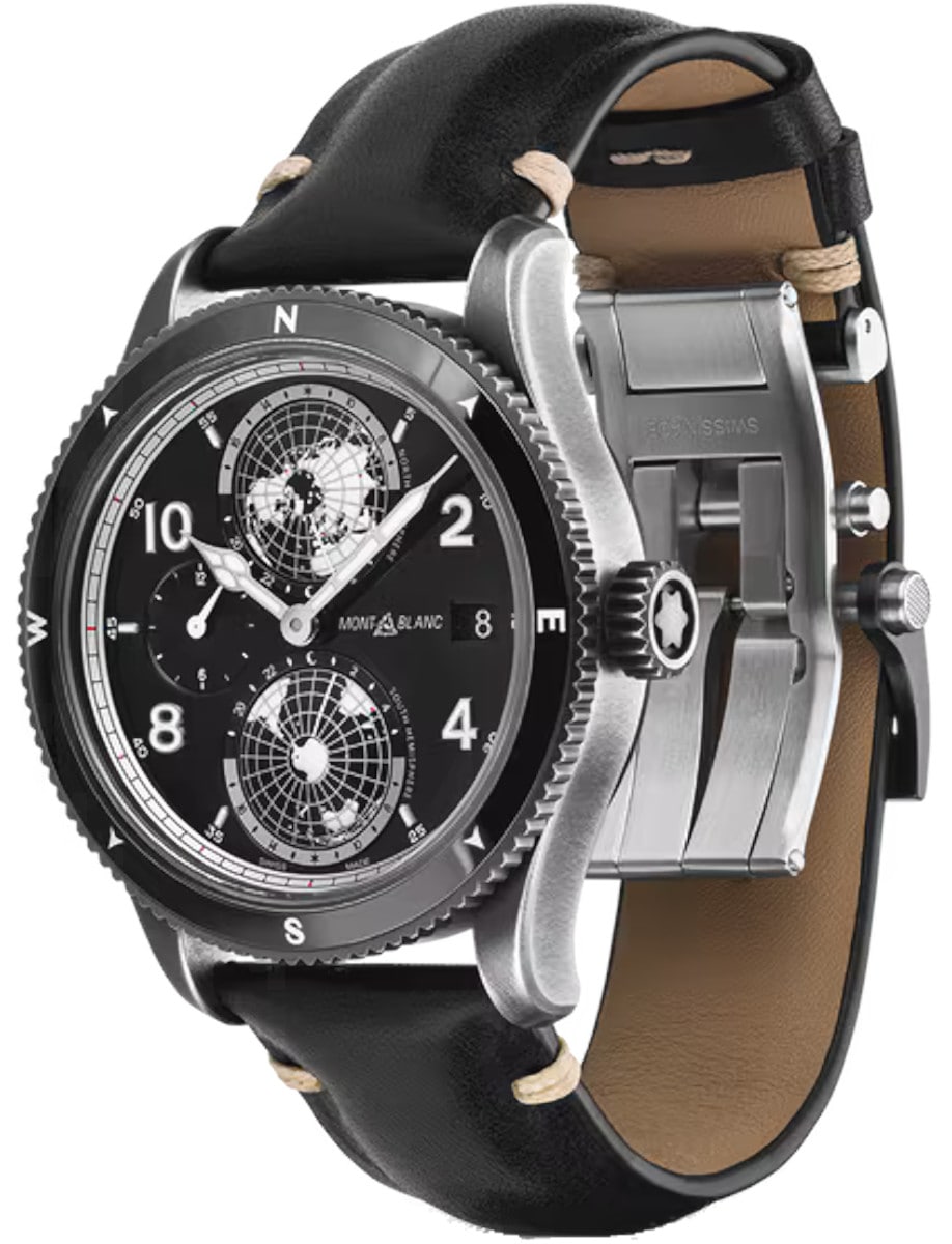 Front side angle view of Montblanc wristwatch with stainless steel case, black dial, and black calf leather strap with beige stitching.