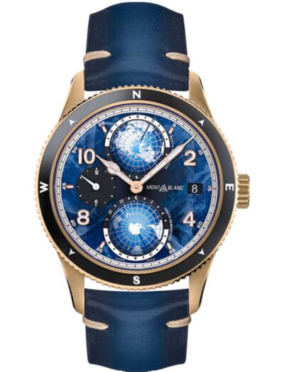 Montblanc wristwatch with bronze case, blue dial, and blue leather strap.