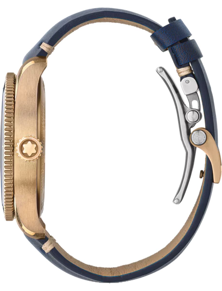 Side view of Montblanc wristwatch with bronze case, and blue leather strap.