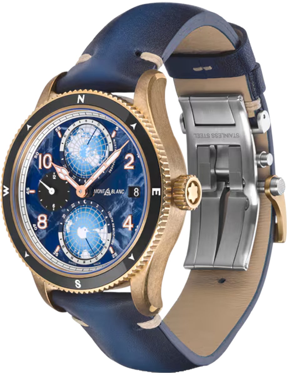 Side view of Montblanc wristwatch with bronze case, blue dial, and blue leather strap.