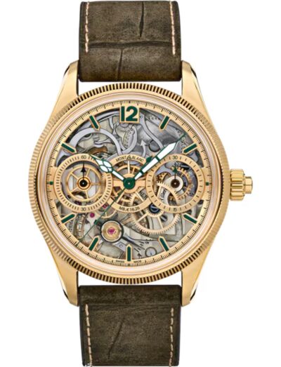Montblanc wristwatch with gold case, skeleton dial, and green alligator leather strap.