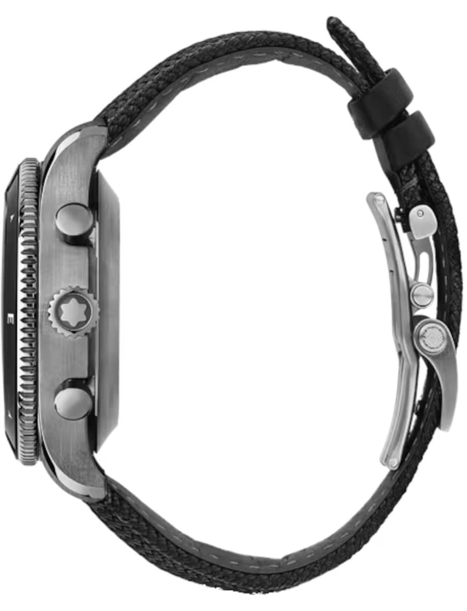 Side view of Montblanc wristwatch with titanium case, and dark grey strap.