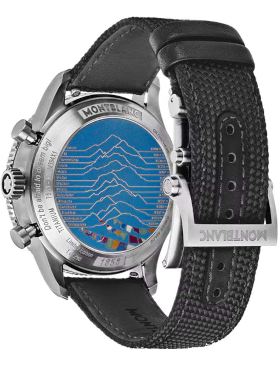 Back view of Montblanc wristwatch with titanium case, and dark grey strap.