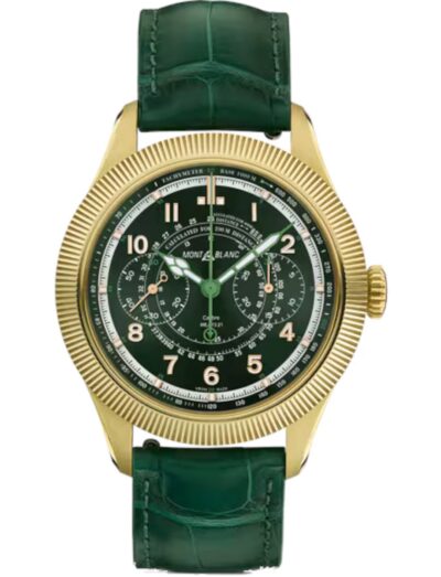 Montblanc wristwatch with 18k Lime Gold case, dark green dial, and a green interchangeable alligator leather strap. | Feldmar Watch Co. Montblanc wristwatch with 18k Lime Gold case, dark green dial, and a green interchangeable alligator leather strap.