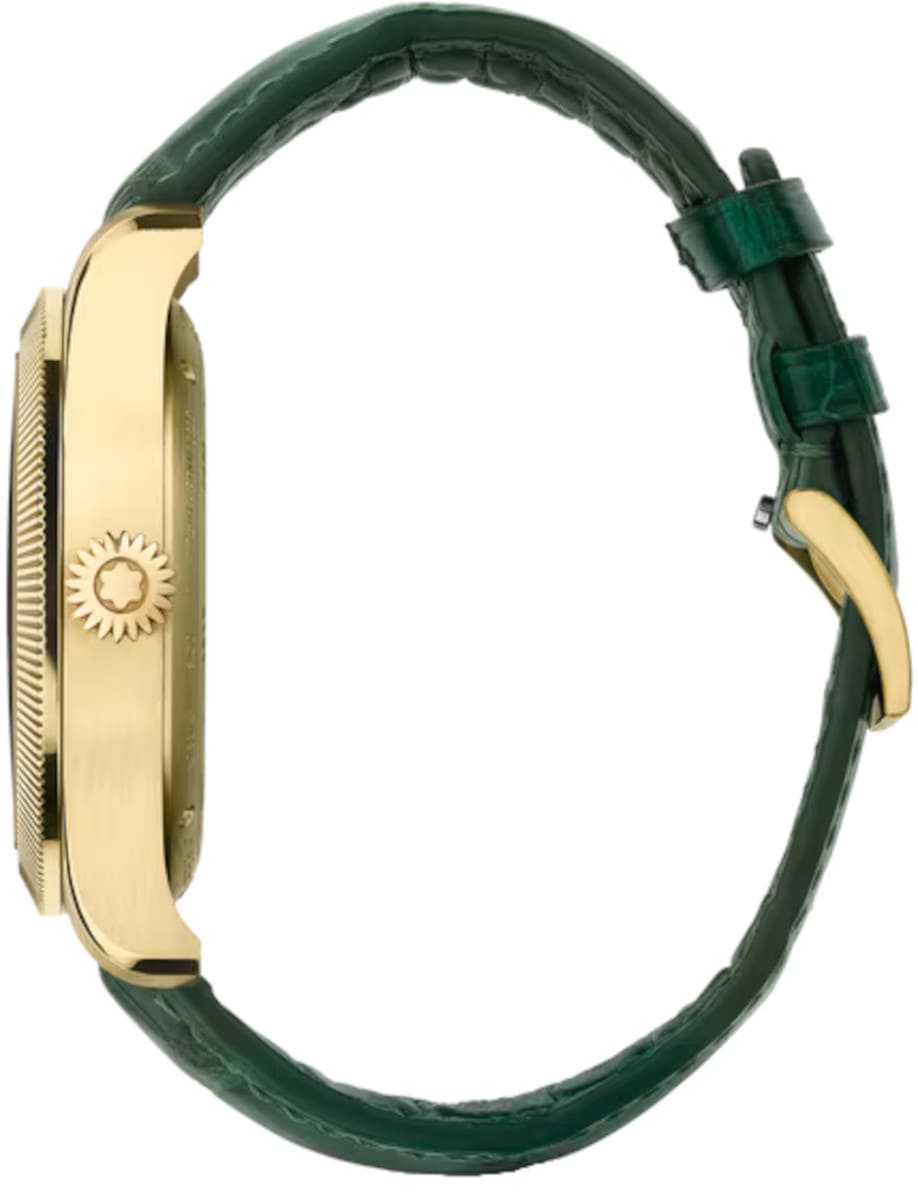 Side view of Montblanc wristwatch with 18k Lime Gold case and transparent case back, and a green interchangeable alligator leather strap.