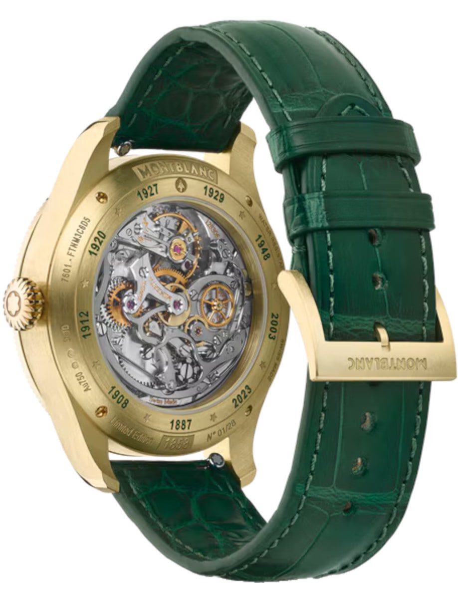 Back view of Montblanc wristwatch with 18k Lime Gold case and transparent case back, and a green interchangeable alligator leather strap.