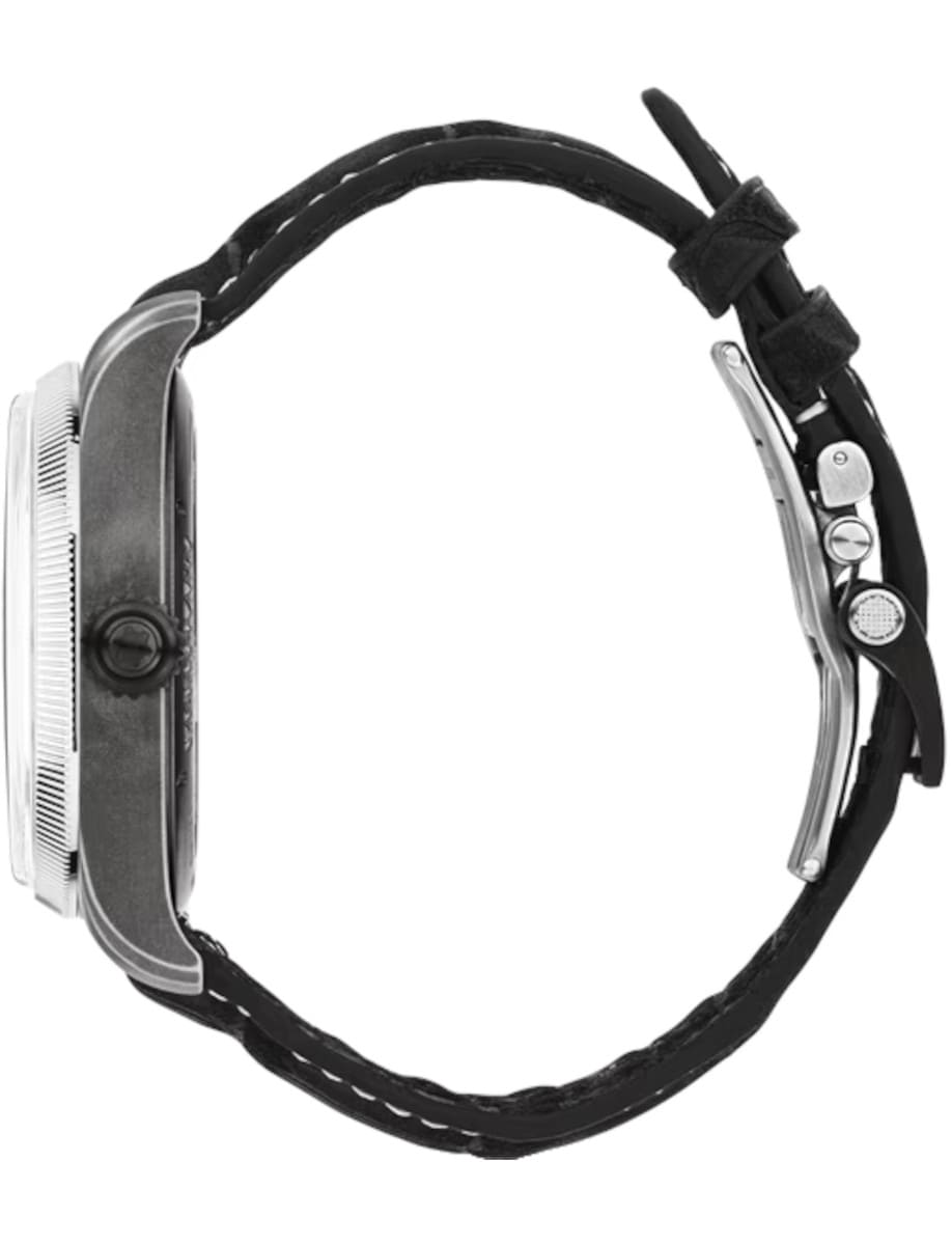 Side view of Montblanc wristwatch with stainless steel case and 18k white gold bezel, and black nubuck alligator strap.