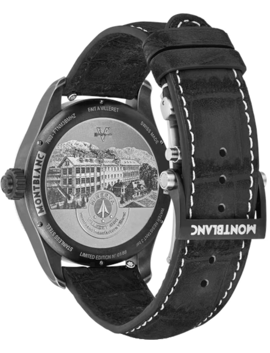 Back view of Montblanc wristwatch with stainless steel case and 18k white gold bezel, and black nubuck alligator strap.