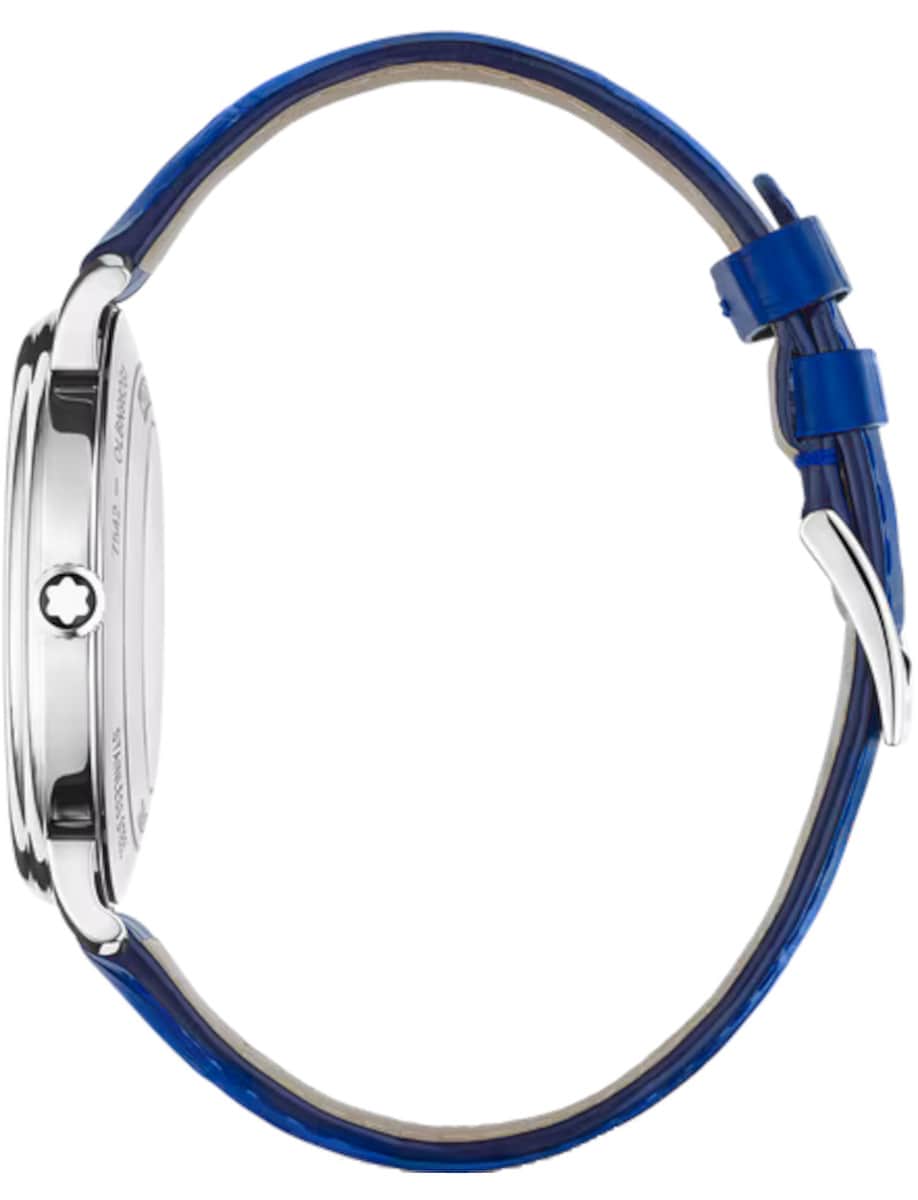 Side view of Montblanc wristwatch with stainless steel case, and blue calf leather strap