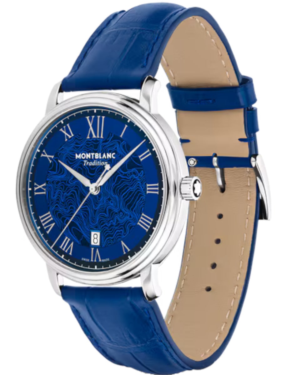 Side view of Montblanc wristwatch with stainless steel case, blue dial, and blue calf leather strap