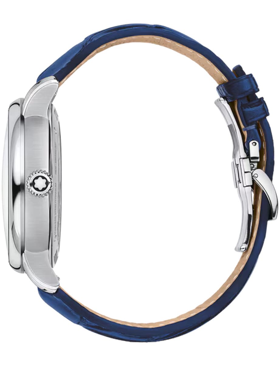 Side view of Montblanc wristwatch with stainless steel case, and blue calf leather strap.