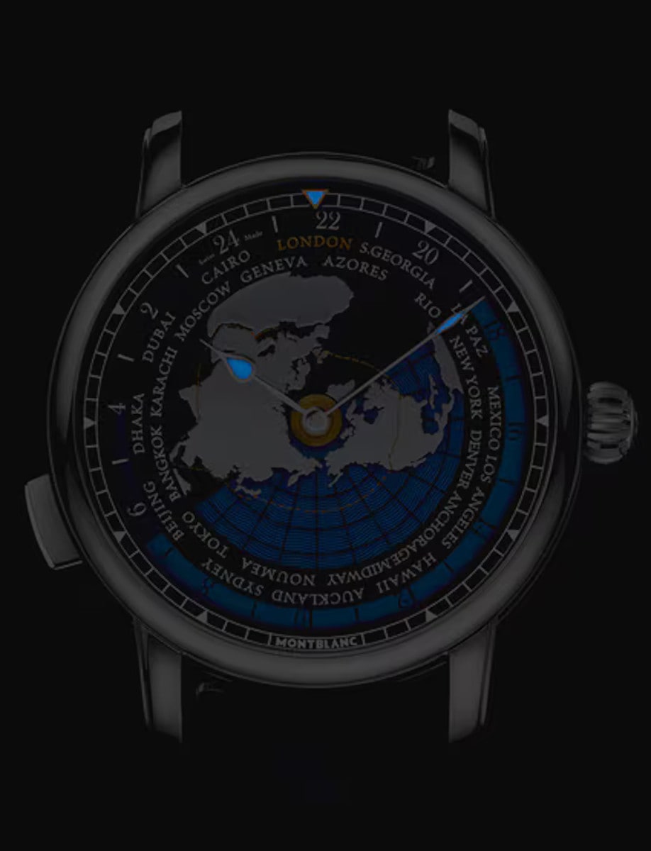 Montblanc wristwatch with stainless steel case, blue dial with luminescent, and blue calf leather strap.