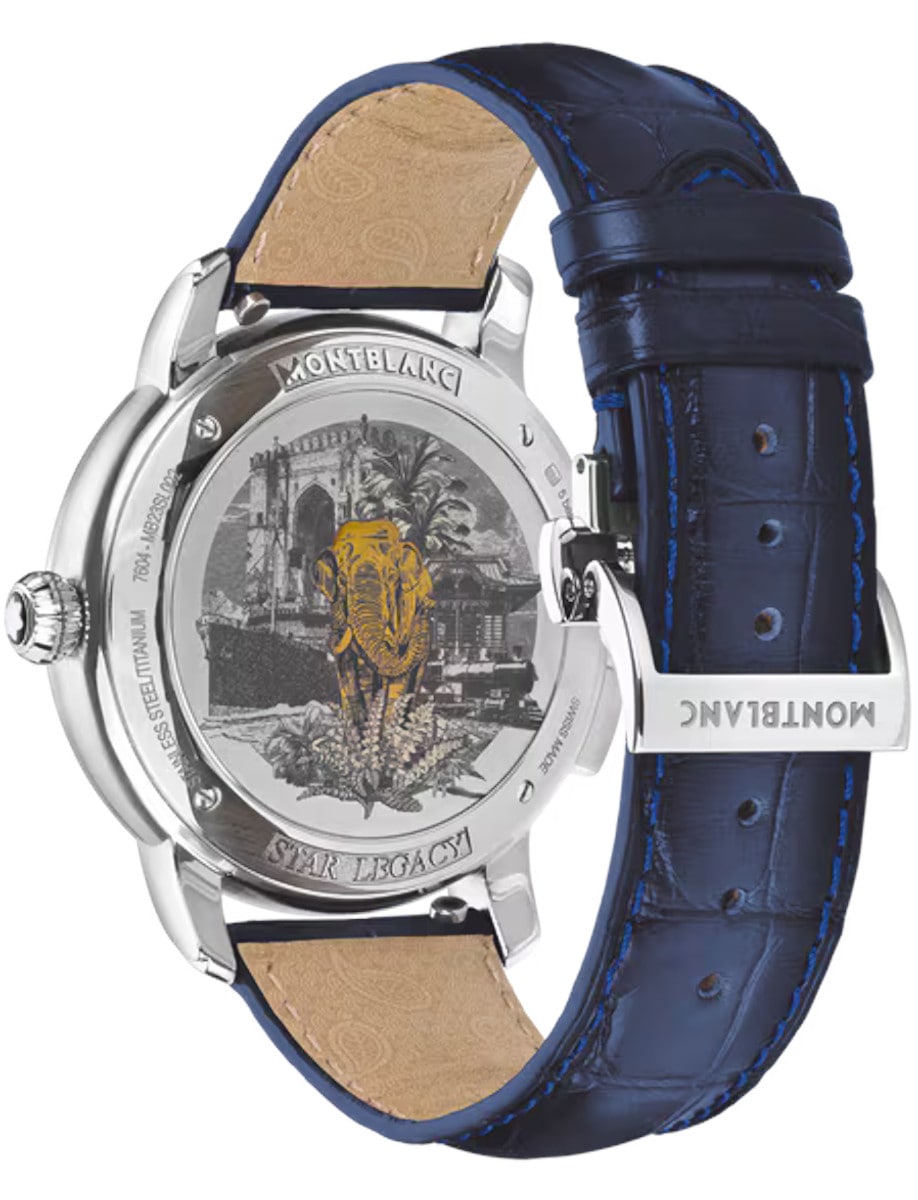 Montblanc wristwatch with stainless steel case, titanium case back, and blue calf leather strap.