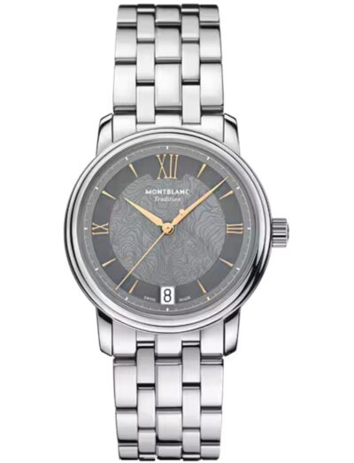Montblanc wristwatch with stainless steel case and bracelet, and gray dial.