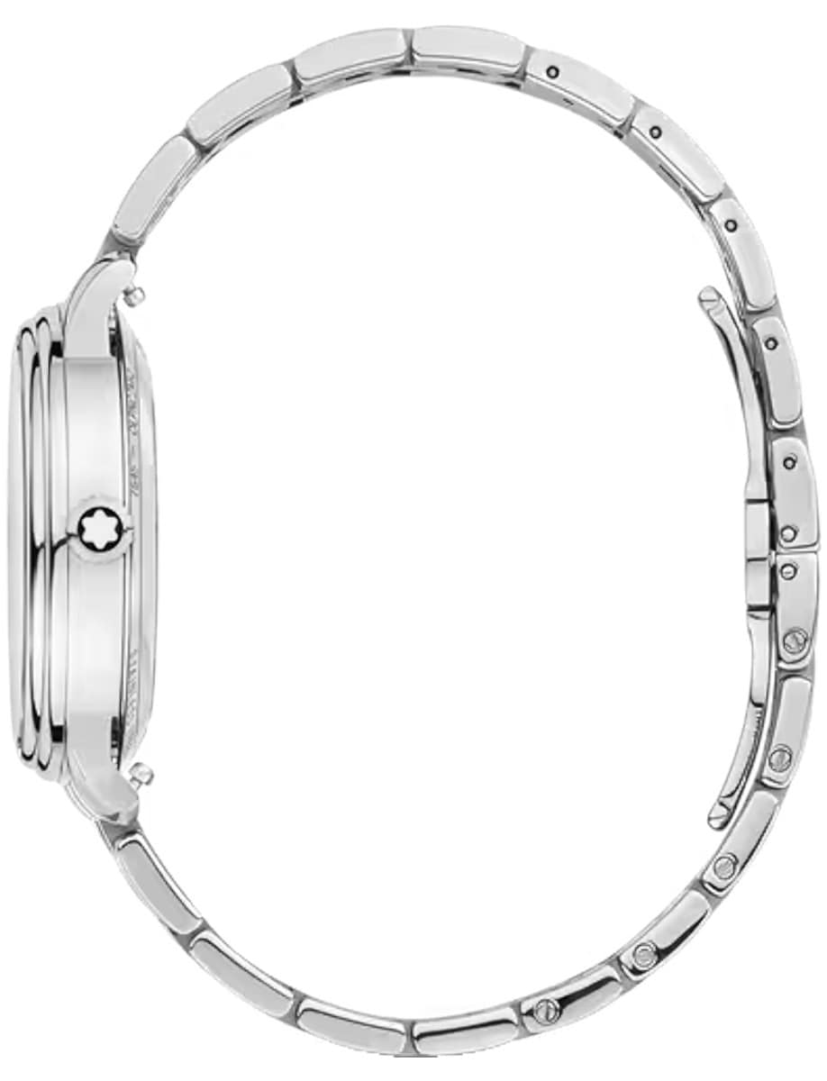 Side view of Montblanc wristwatch with stainless steel case and bracelet.