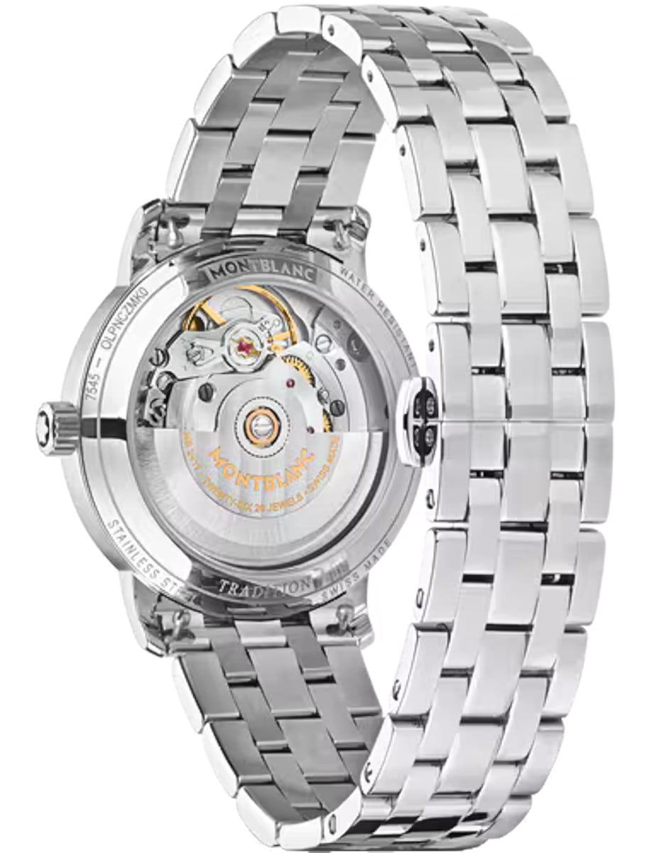 Back view of Montblanc wristwatch with stainless steel case and bracelet, and transparent case back.