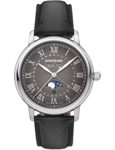 Montblanc wristwatch with stainless steel case, sfumato anthracite dial, and anthracite interchangeable calf leather strap.