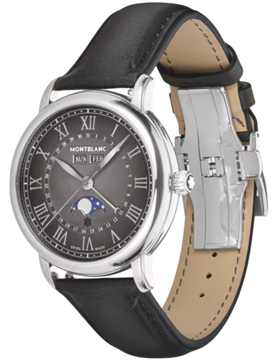 Side view of Montblanc wristwatch with stainless steel case, sfumato anthracite dial, and anthracite interchangeable calf leather strap.