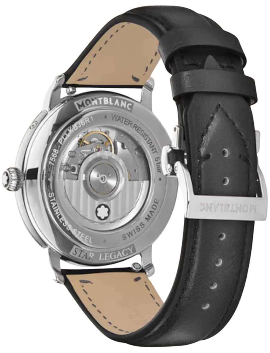 Side view of Montblanc wristwatch with stainless steel case with transparent case back, and anthracite interchangeable calf leather strap.