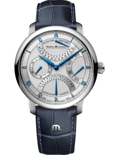 Maurice Lacroix wristwatch with stainless steel case, silver dial, and blue calf leather strap.