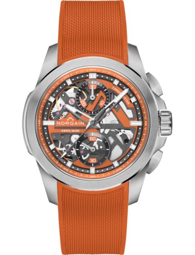 Norqain wristwatch with stainless steel case, skeleton orange dial, and orange rubber strap.