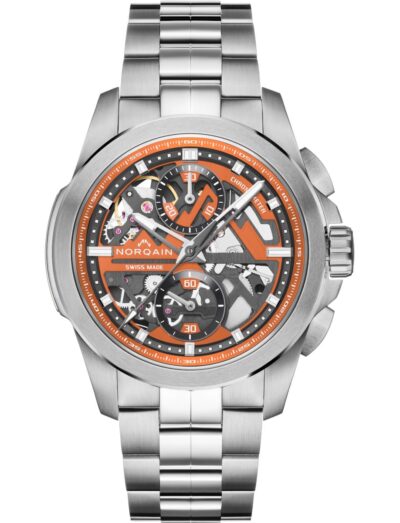 Norqain wristwatch with stainless steel case and bracelet, skeleton orange dial.
