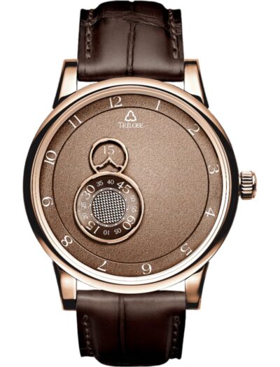 Trilobe wristwatch with rose gold case, brown dial, and chocolate alligator strap.
