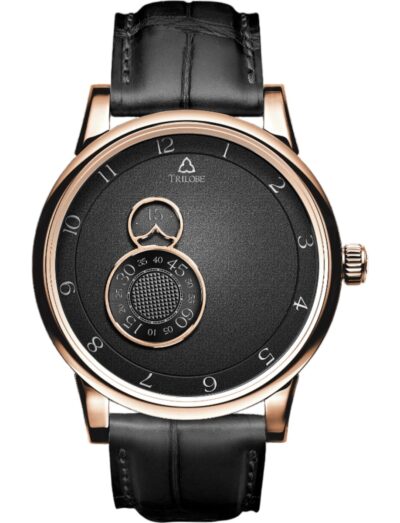 Trilobe wristwatch with rose gold case, black dial, and black alligator strap.