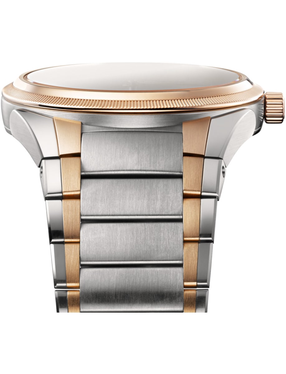 Side view of Parmigiani Fleurier wristwatch with 18k rose gold and stainless steel case and bracelet.