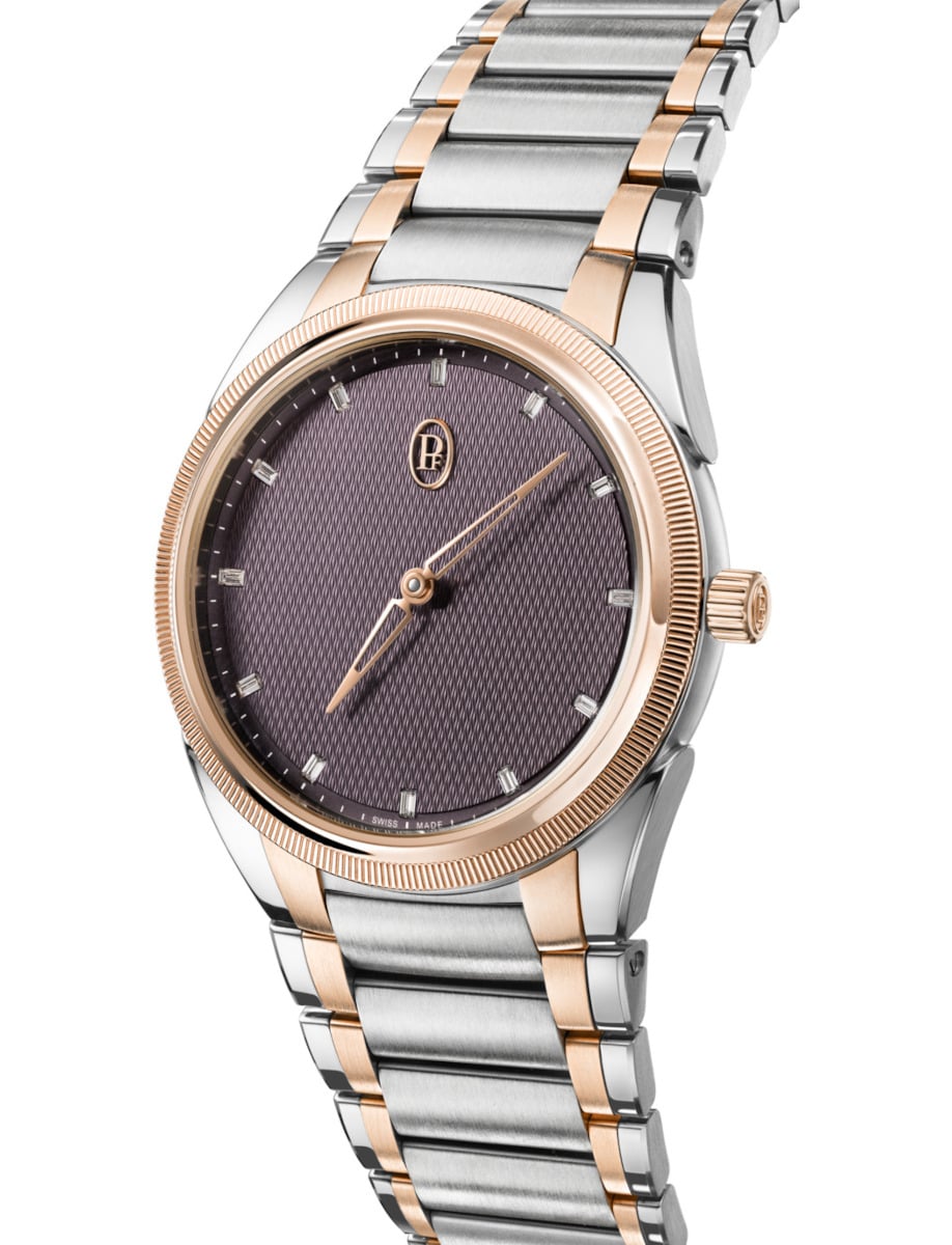 Side view of Parmigiani Fleurier wristwatch with 18k rose gold and stainless steel case and bracelet, and Deep Ruby dial.