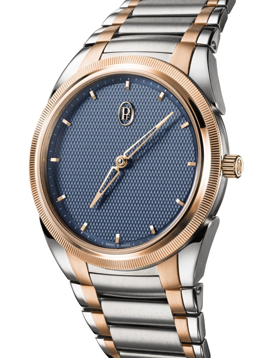 Side view of Parmigiani Fleurier wristwatch with stainless steel and 18ct rose gold case and bracelet