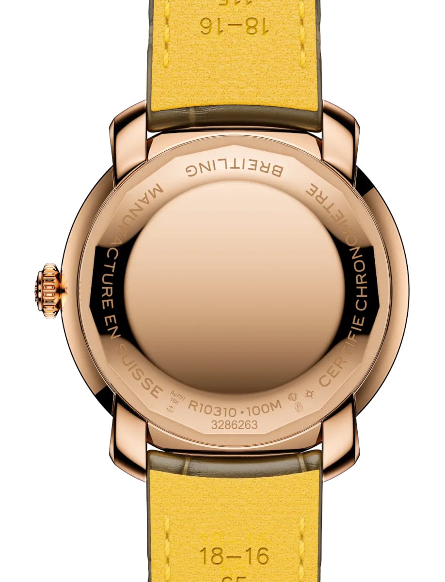 Back view of Breitling wristwatch with 18k red gold, and brown alligator leather.
