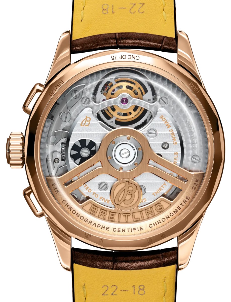 Back view of Breitling wristwatch with 18k red gold case and alligator leather strap