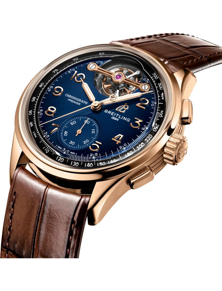 Side view of Breitling wristwatch with 18k red gold case and alligator leather strap