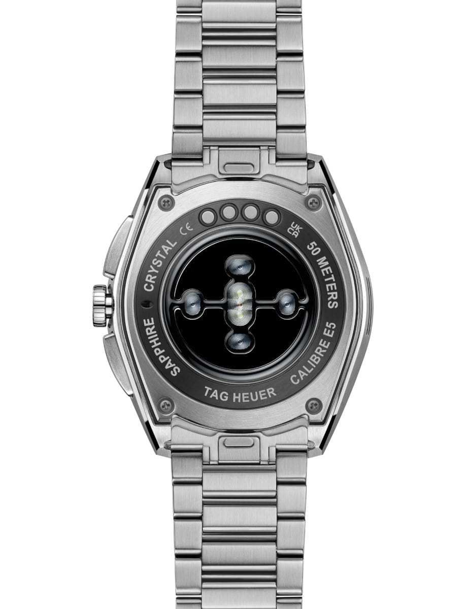 Back view of Tag Heuer wristwatch with stainless steel case and bracelet.
