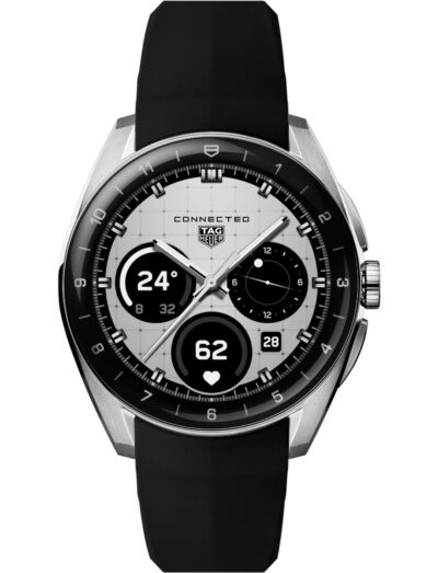 Tag Heuer wristwatch with stainless steel case, OLED display, and black rubber strap.