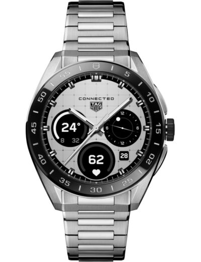 Tag Heuer wristwatch with stainless steel case and bracelet, black ceramic bezel, and grey dial.