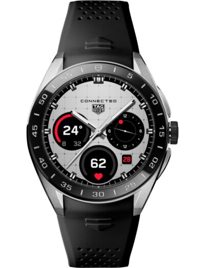 Tag Heuer wristwatch with stainless steel case, OLED display, and black rubber strap. | Feldmar Watch Co. Tag Heuer wristwatch with stainless steel case, OLED display, and black rubber strap.