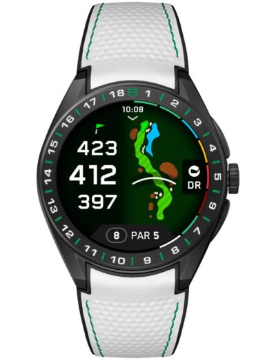 Tag Heuer wristwatch with Black DLC Grade 2 Titanium case, OLED display, and white and black rubber strap. | Feldmar Watch Co. Tag Heuer wristwatch with Black DLC Grade 2 Titanium case, OLED display, and white and black rubber strap.