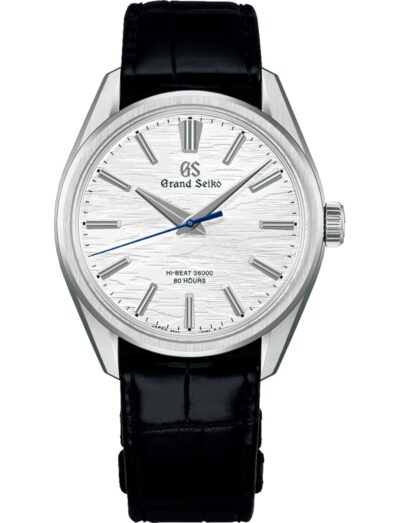Grand Seiko wristwatch with titanium case, white dial, and black crocodile leather.