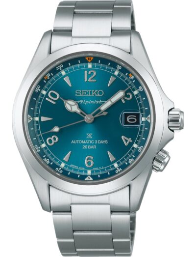 Seiko wristwatch with stainless steel case and bracelet, and blue dial.