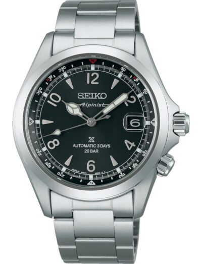 Seiko wristwatch with stainless steel case and bracelet, and black dial.