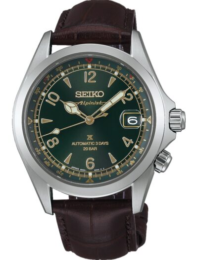 Seiko wristwatch with stainless steel case, green dial, and cow leather strap.